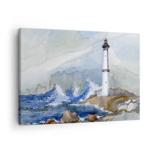 Obraz na plátne - Maják na skalnatom pobreží s rozbúreným morom - 70x50cm - Proti tme a hromobitiu - Moderná nástenná dekorácia do obývacej izby a spálne ARTTOR