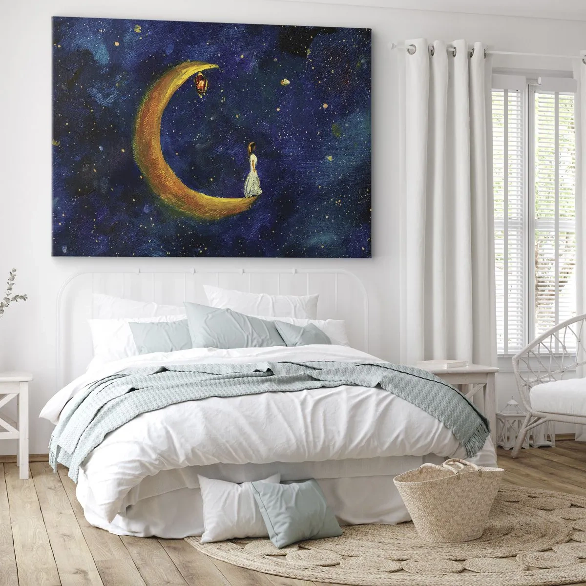 Obraz na plátne - Dievča stojace na mesiaci na hviezdnej oblohe - 70x50cm - Volanie sveta - Moderná nástenná dekorácia do obývacej izby a spálne ARTTOR