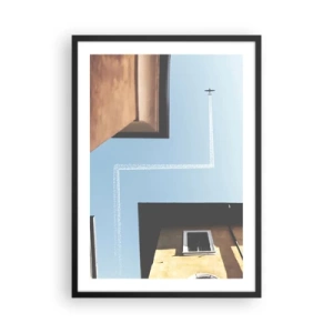 Plagát v čiernom ráme - Perspektíva budov s lietadlom a nezvyčajnou cestou na oblohe - 50x70cm - Nad mestským labyrintom - Moderná nástenná dekorácia do obývacej izby a spálne ARTTOR