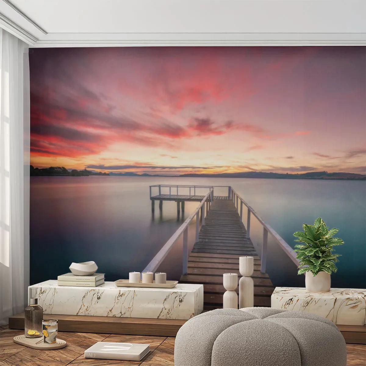 Fototapeta Premium Sand - Jemný plameň večera - Krajina, Západ slnka, Drevené mólo - 350x256 cm