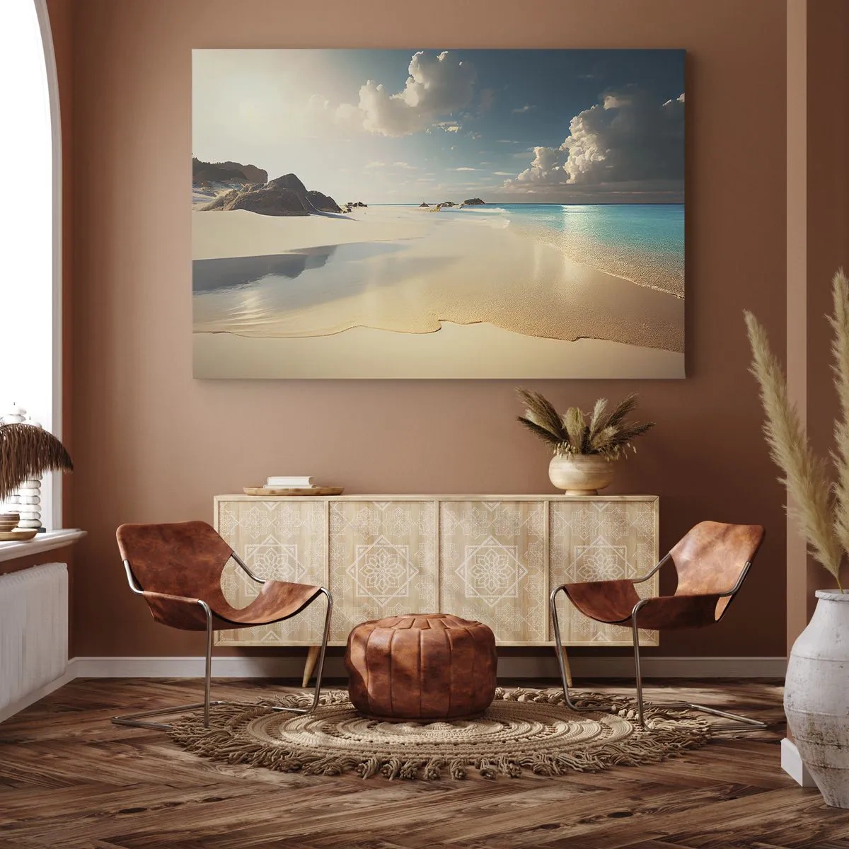 Obraz na plátne - Slnečná pláž s modrým morom a skalami - 70x50cm - Vysnený deň - Moderná nástenná dekorácia do obývacej izby a spálne ARTTOR