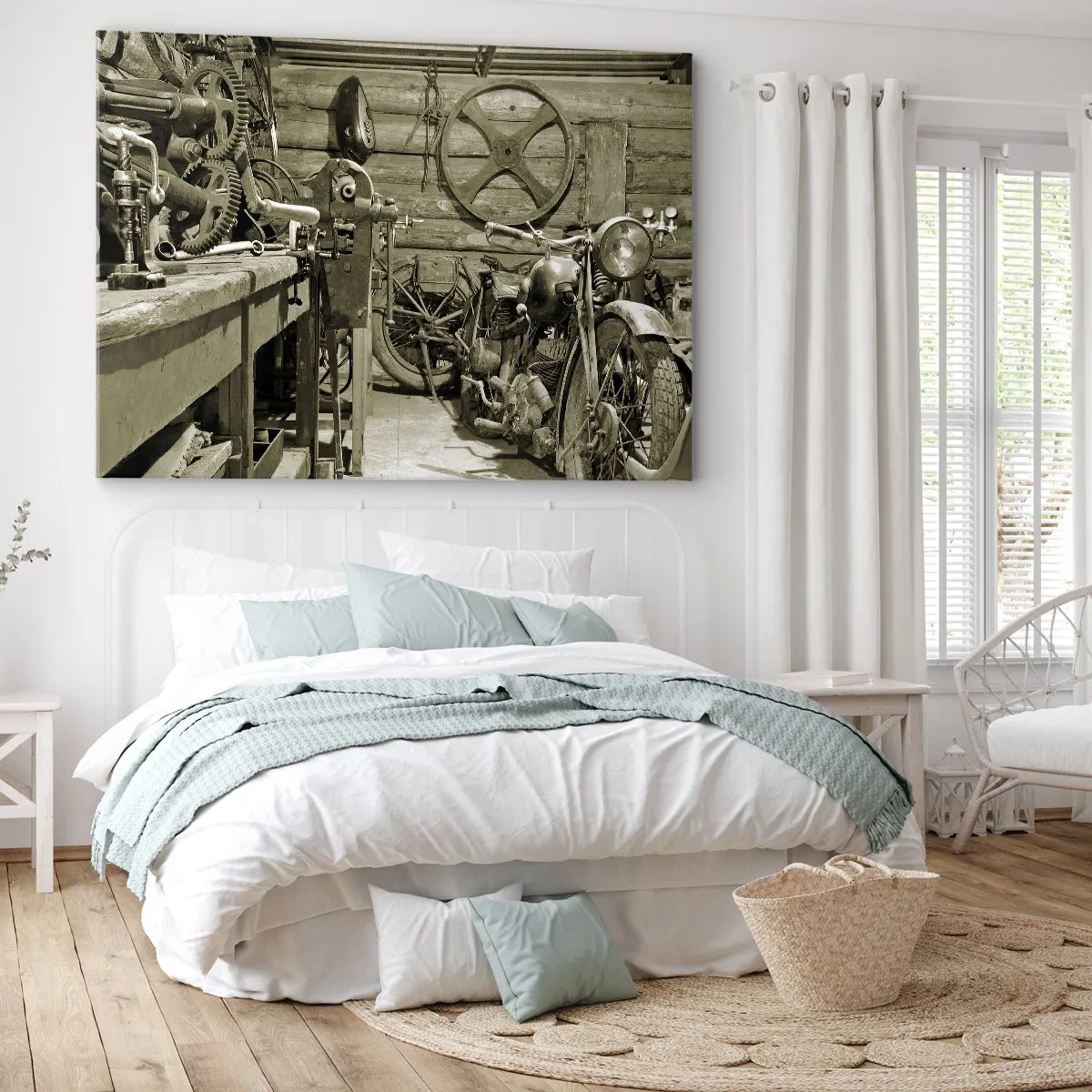 Obraz na plátne - Retro dielňa s motocyklami a náradím - 70x50cm - V kôlni strýka Mariána - Moderná nástenná dekorácia do obývacej izby a spálne ARTTOR