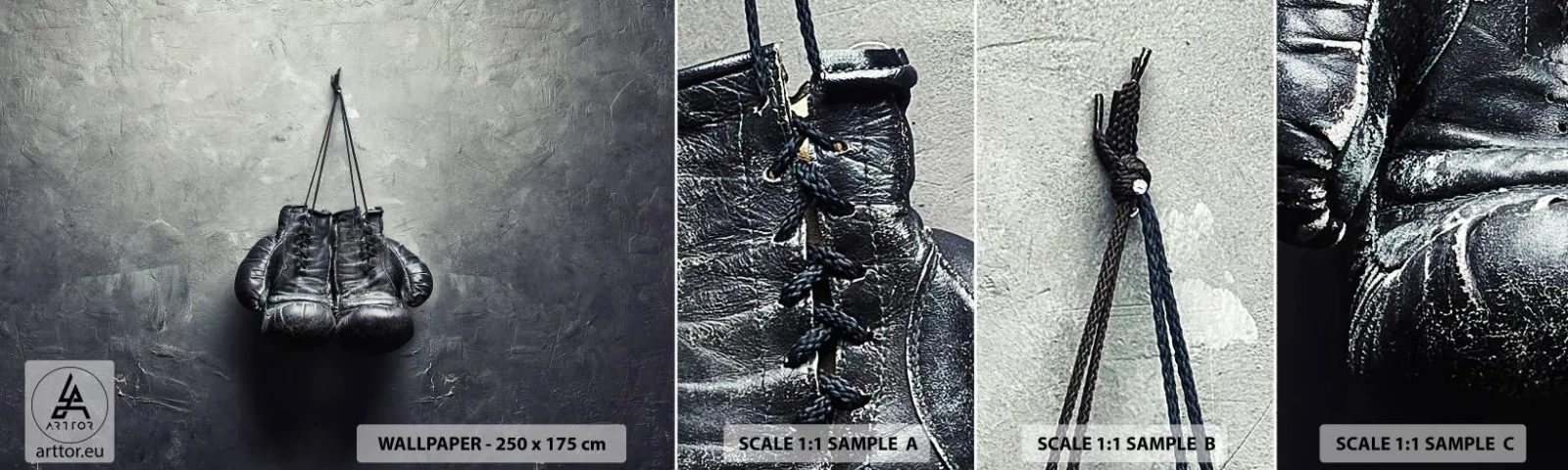 Vzorka samolepiacej fototapety Deluxe Sticker - Čas boja a čas mieru - Box, Boxerské rukavice, Vintage - 100x30 cm