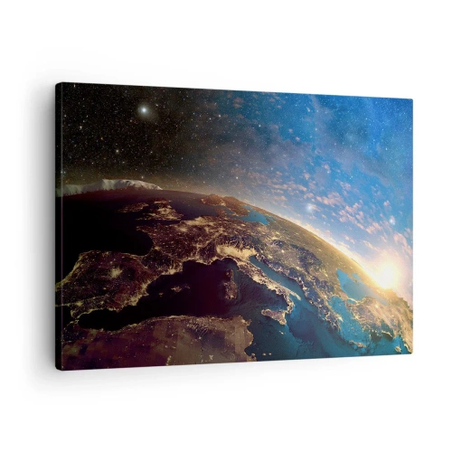 Obraz na plátne - Pohľad na Zem z vesmíru pri východe slnka - 70x50cm - Pozrime sa na seba s odstupom - Moderná nástenná dekorácia do obývacej izby a spálne ARTTOR