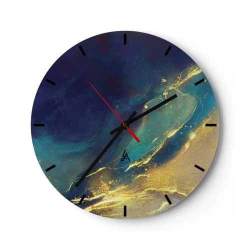 Nástenné hodiny - Abstraktná kompozícia v tmavomodrej a zlatej farbe pripomínajúca vodný bazén - 30x30cm - Zlatý močiar - Moderná nástenná dekorácia do obývacej izby, kuchyne a spálne ARTTOR