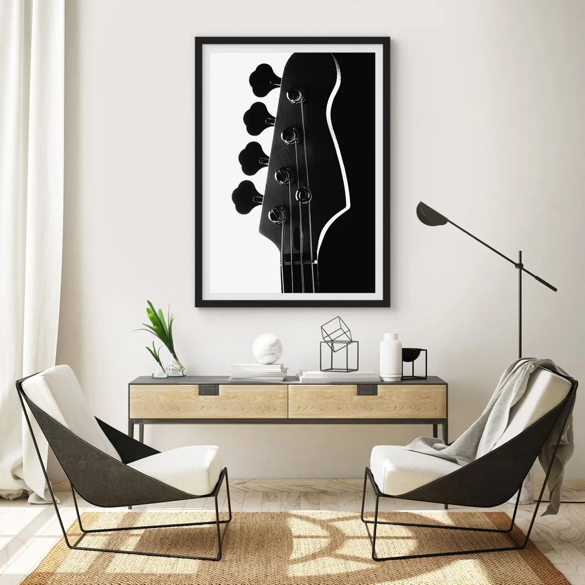 Plagát v čiernom ráme - Minimalistická čiernobiela hudobná téma s elektrickou gitarou. - 50x70cm - Rockové ticho  - Moderná nástenná dekorácia do obývacej izby a spálne ARTTOR