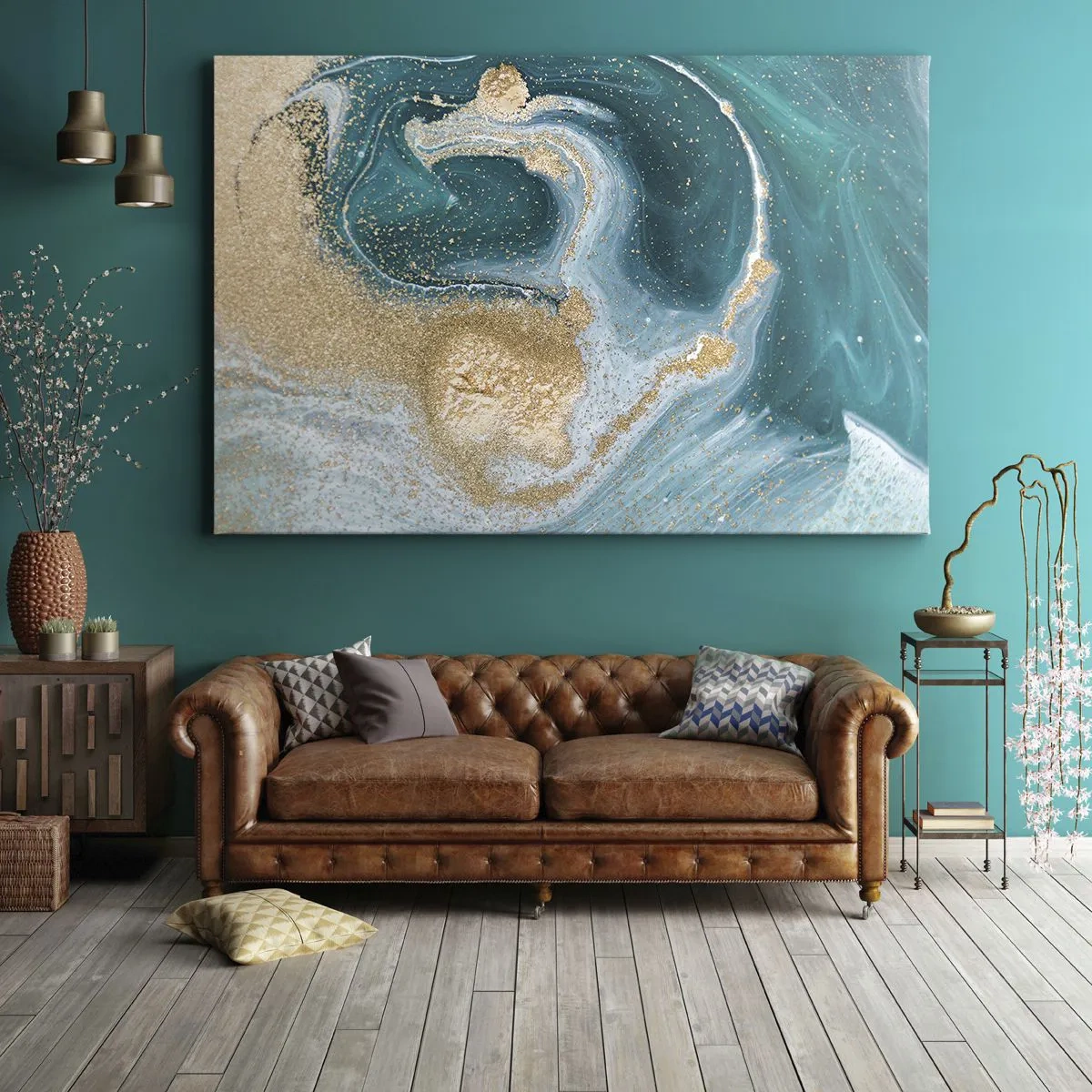 Obraz na plátne - Abstraktný vír v tyrkysových a zlatých tónoch - 70x50cm - Vír zlatej a tyrkysovej - Moderná nástenná dekorácia do obývacej izby a spálne ARTTOR