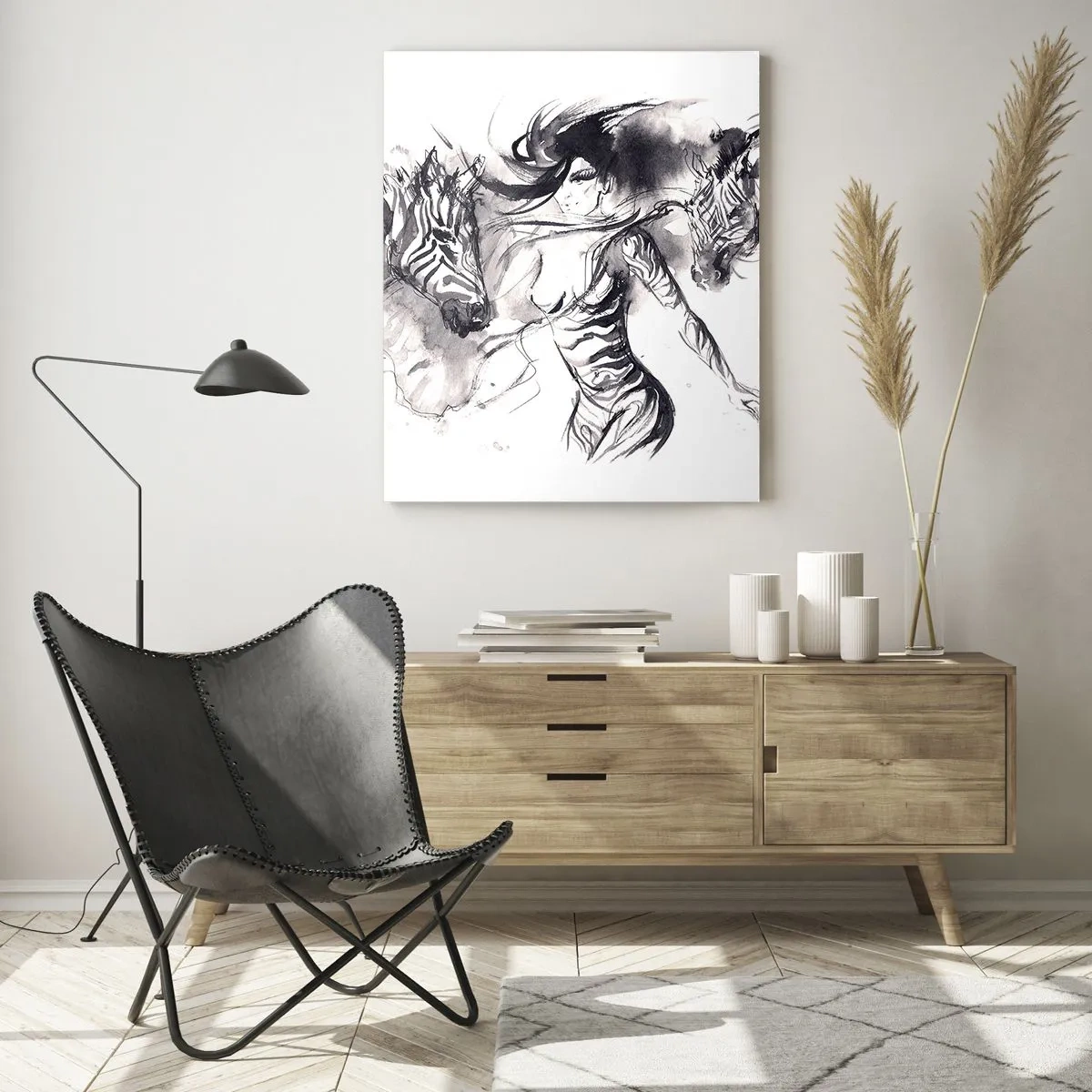 Obraz na skle - Tancujúca so zebrami - 50x70 cm