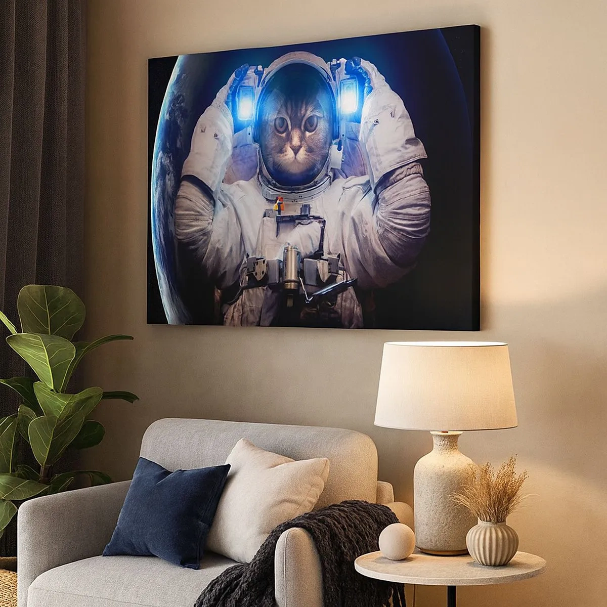 Obraz na plátne - Mačka v astronautickom obleku so Zemou v pozadí a jasným svetlom. - 70x50cm - Houston, máte problém - Moderná nástenná dekorácia do obývacej izby a spálne ARTTOR