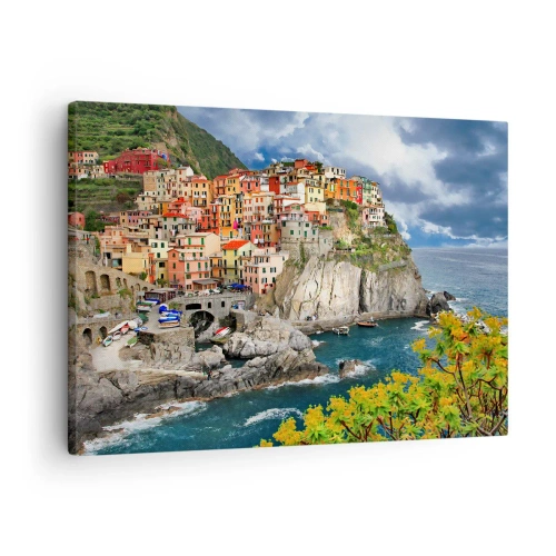 Obraz na plátne - Farebné domy na útese s výhľadom na more v Cinque Terre - 70x50cm - Hromádka pritúlená k skalám - Moderná nástenná dekorácia do obývacej izby a spálne ARTTOR