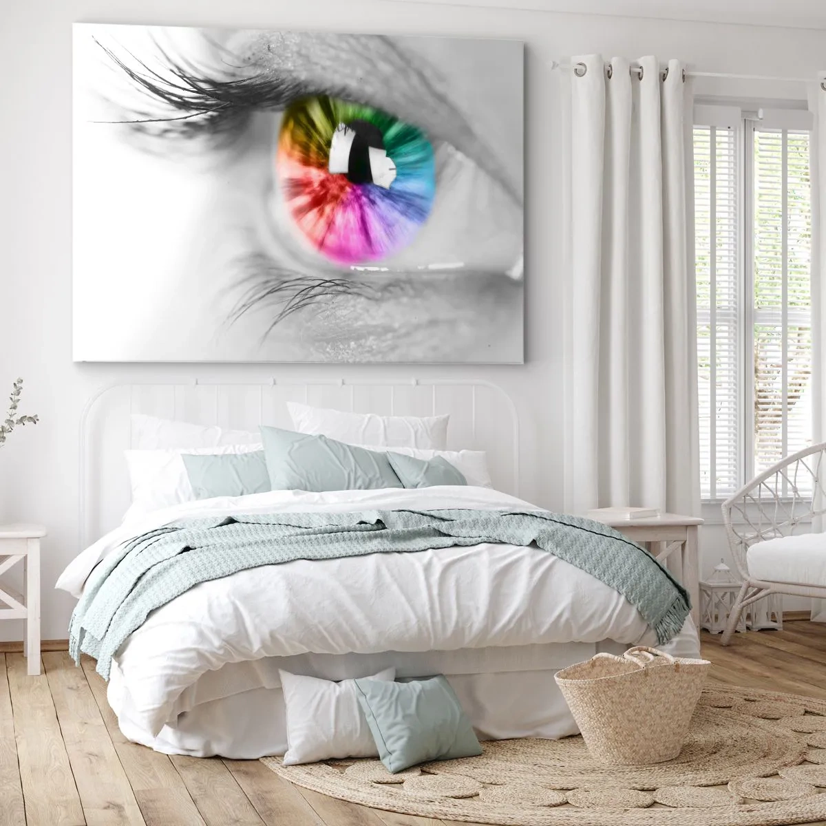 Obraz na plátne - Umelecká snímka oka s dúhovou dúhovkou na sivom pozadí - 70x50cm - Pozerať sa na svet farebne - Moderná nástenná dekorácia do obývacej izby a spálne ARTTOR