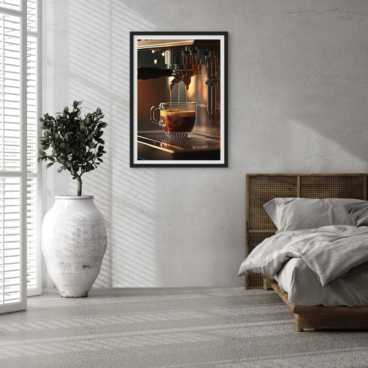 Plagát v čiernom ráme - Kávovar nalievajúci espresso do šálky - 50x70cm - Zmyselná zmes - Moderná nástenná dekorácia do obývacej izby a spálne ARTTOR