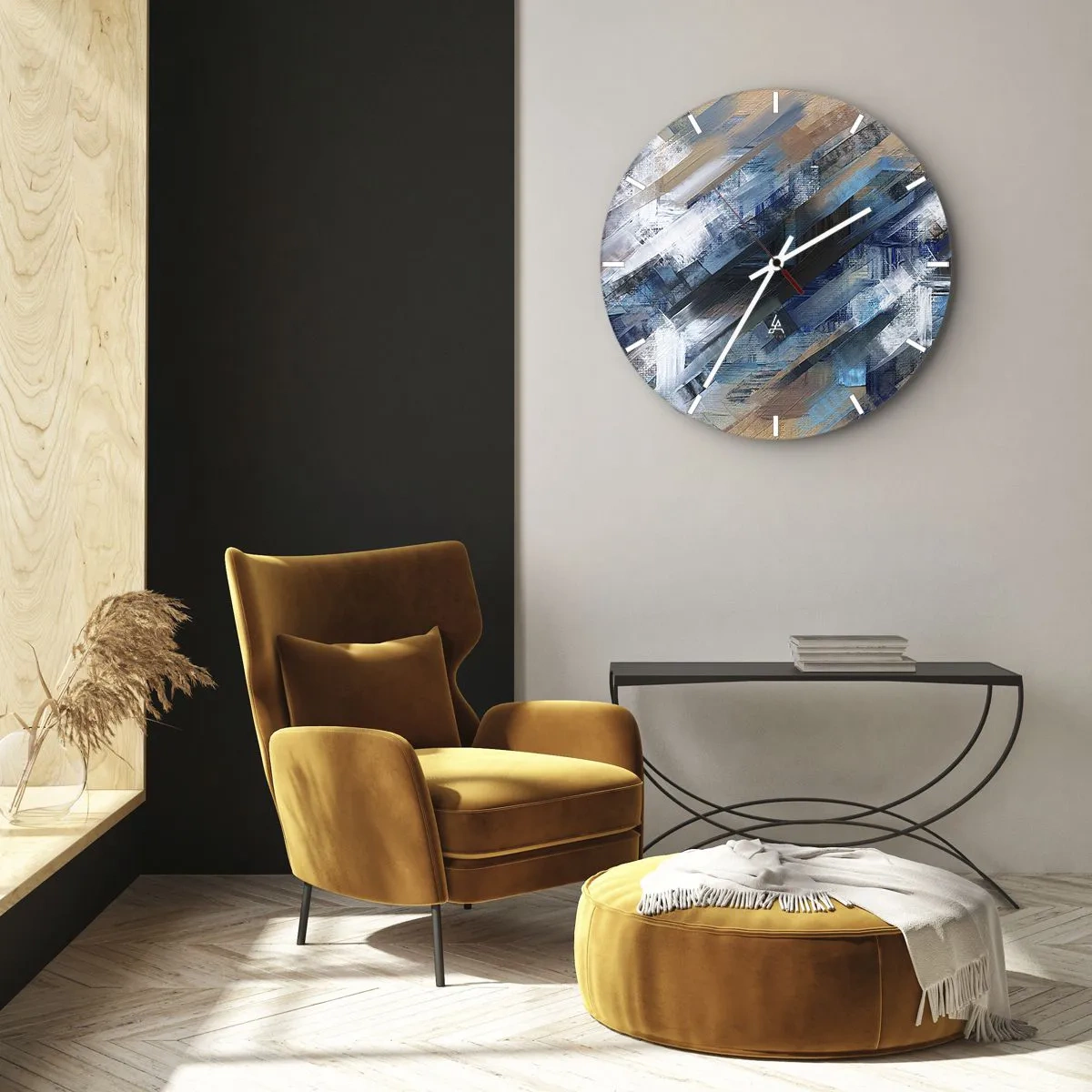 Nástenné hodiny - Abstraktná kompozícia modrých ťahov štetcom. - 30x30cm - Modrá šikmosť - Moderná nástenná dekorácia do obývacej izby, kuchyne a spálne ARTTOR
