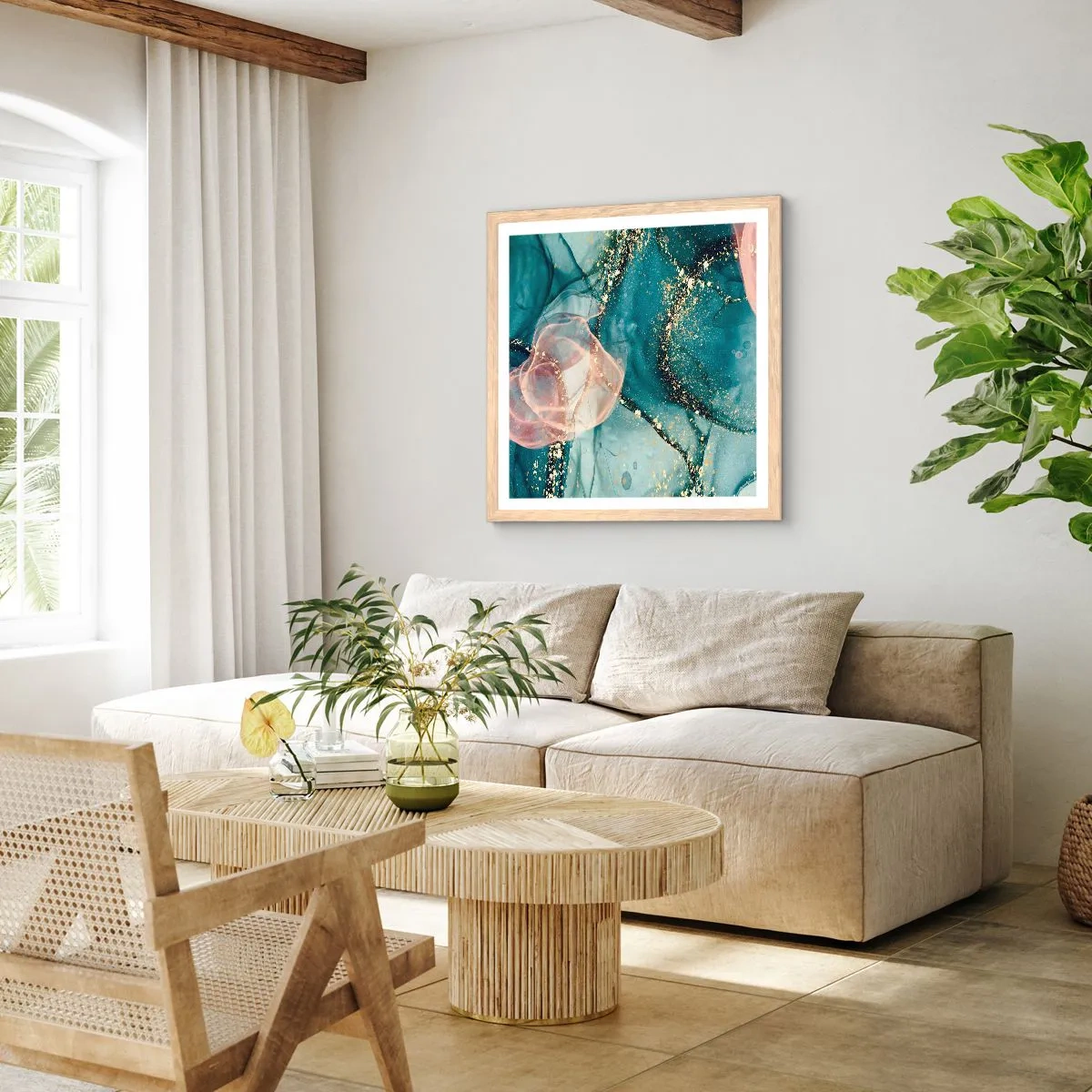 Plagát v ráme zo svetlého duba - Modré hodváb modré, ružový tyl - 60x60 cm