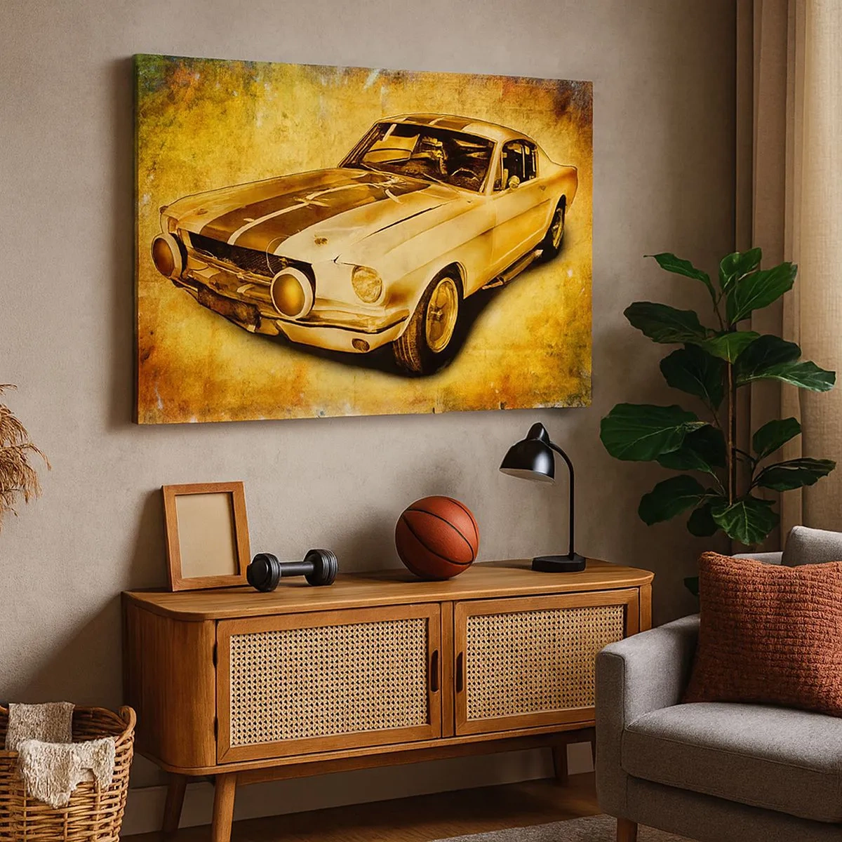 Obraz na plátne - Klasické retro športové auto na vintage pozadí v zlatých tónoch - 70x50cm - Šialené 70. roky - Moderná nástenná dekorácia do obývacej izby a spálne ARTTOR