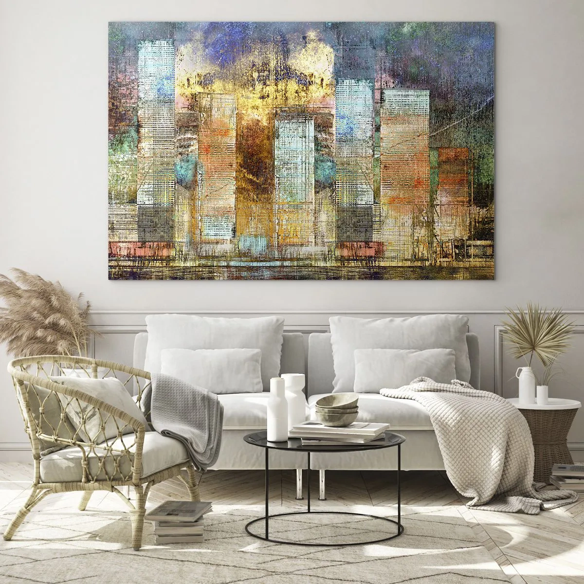 Obraz na skle - Farebná abstraktná panoráma mestských mrakodrapov v umeleckom štýle - 70x50cm - Slnečná metropola - Moderná nástenná dekorácia do obývacej izby a spálne ARTTOR