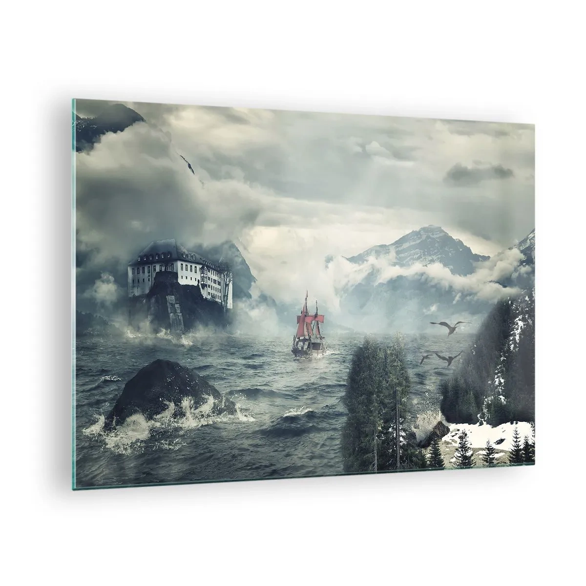 Obraz na skle - Loď na rozbúrenom mori s hradom v pozadí - 70x50cm - V kúzelných vodách - Moderná nástenná dekorácia do obývacej izby a spálne ARTTOR