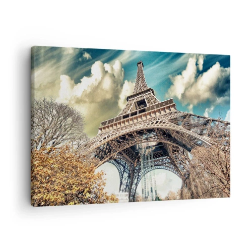 Obraz na plátne - Eiffelova veža zdola v jesennom prostredí - 70x50cm - A na jeseň v Paríži… - Moderná nástenná dekorácia do obývacej izby a spálne ARTTOR