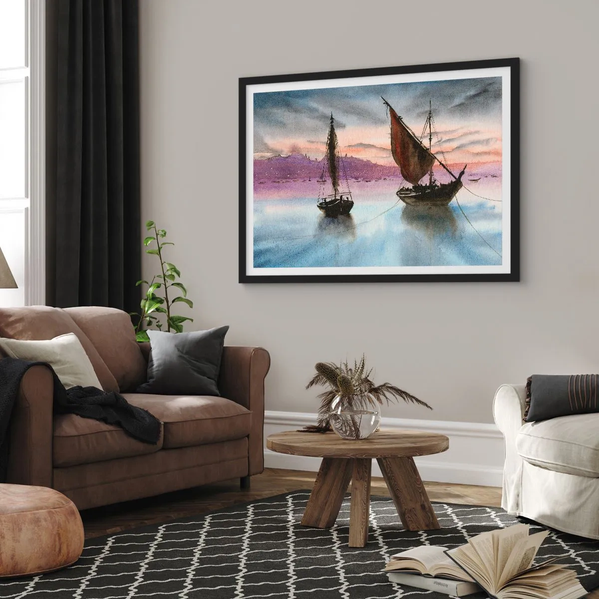 Plagát v čiernom ráme - Večer v prístave - 70x50 cm