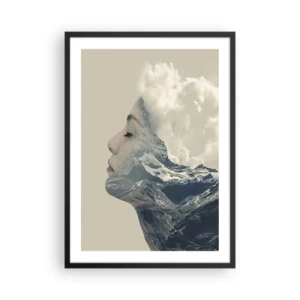 Plagát v čiernom ráme - Profil ženy splývajúci s horskou krajinou - 50x70cm - Krása živlov - Moderná nástenná dekorácia do obývacej izby a spálne ARTTOR