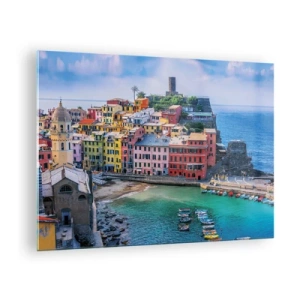 Obraz na skle - Farebné stredomorské mestečko pri modrom mori - 70x50cm - Stredomorské kúzelné mestečko - Moderná nástenná dekorácia do obývacej izby a spálne ARTTOR