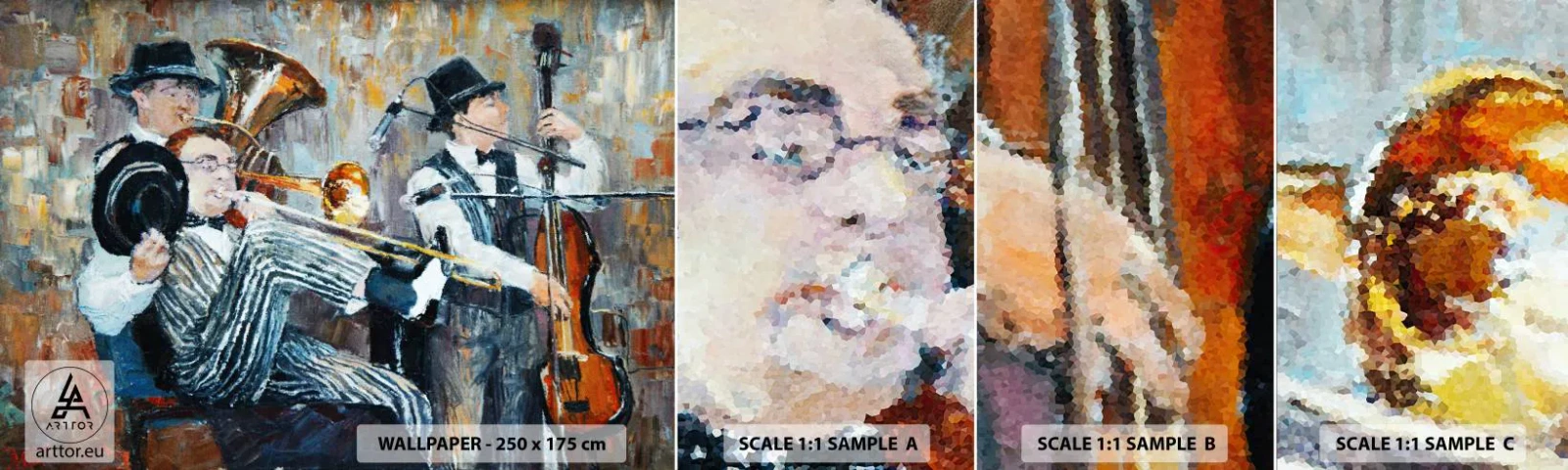 Vzorka samolepiacej fototapety Deluxe Sticker - Celý tento jazz - Hudba, kapela, Hudobné nástroje - 100x30 cm