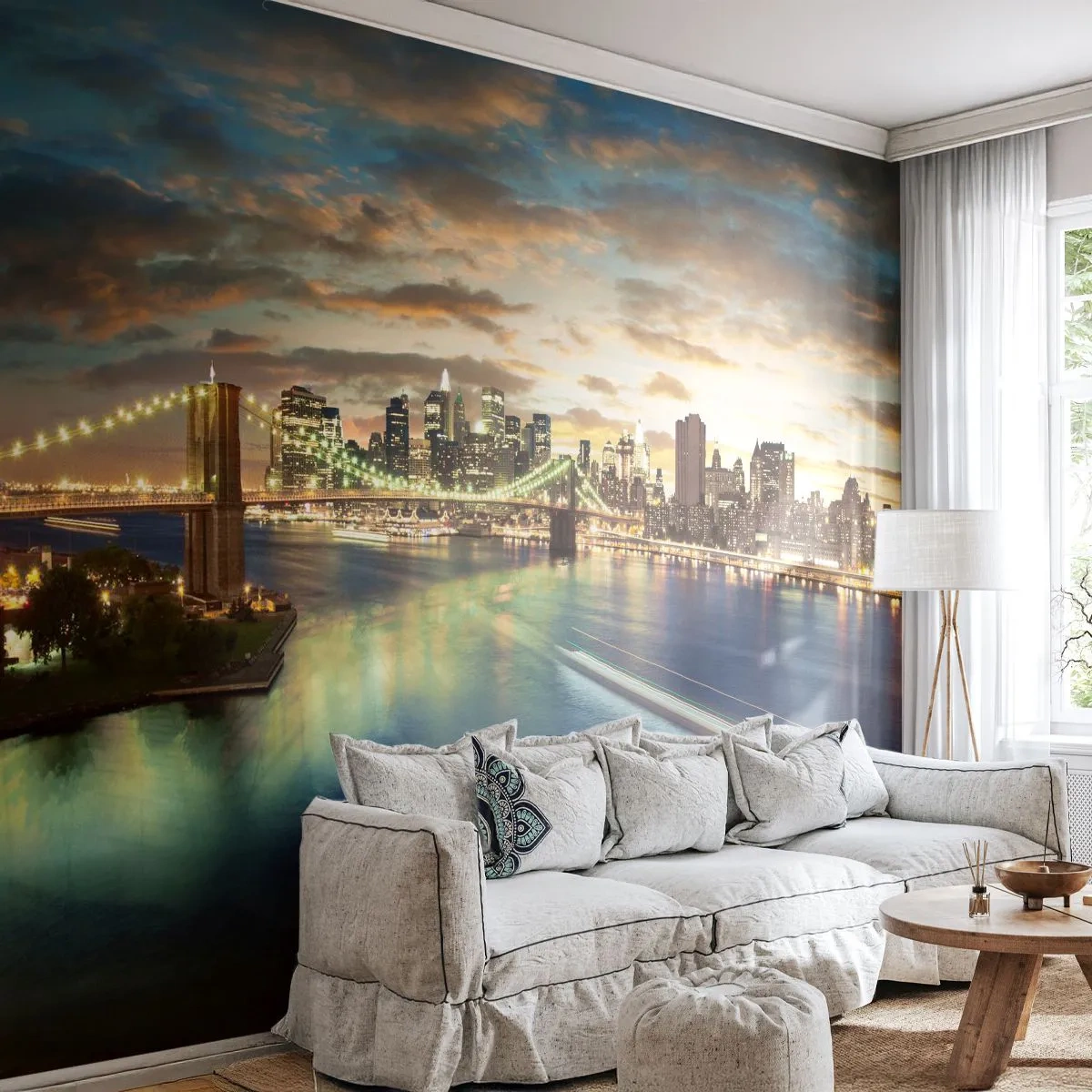 Samolepiaca Fototapeta Deluxe Sticker - Žiarivý večer nad Manhattanom - Mesto, Most, New York - 250x175 cm