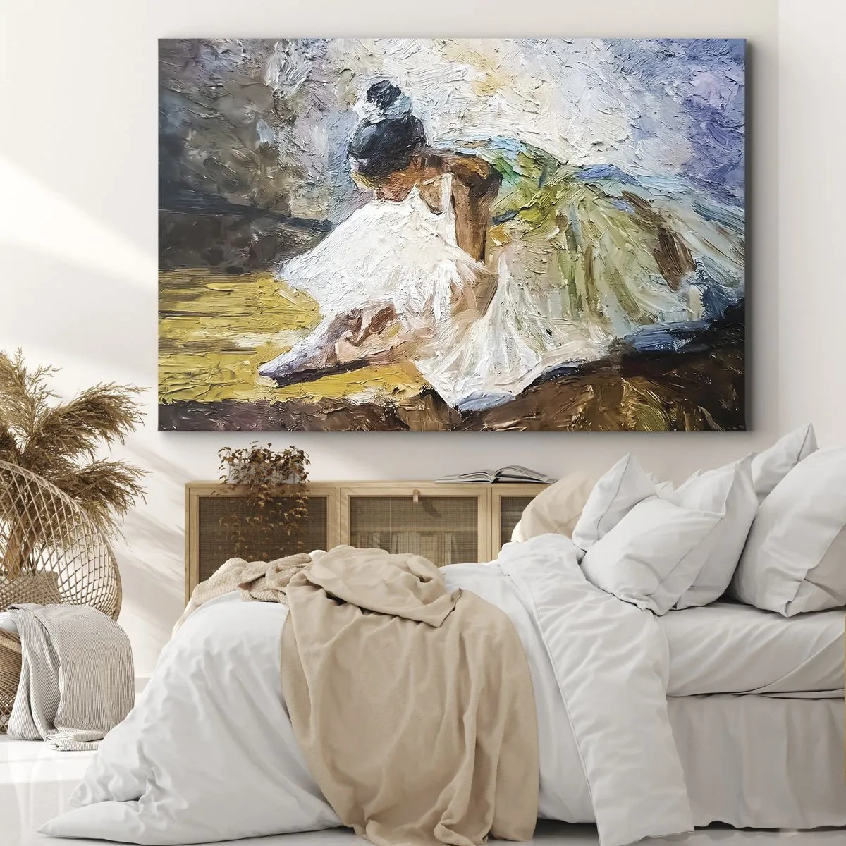Obraz na plátne - Baletka v bielych šatách v maliarskom štýle na impresionistickom pozadí. - 70x50cm - Z Degasovho obrazu - Moderná nástenná dekorácia do obývacej izby a spálne ARTTOR