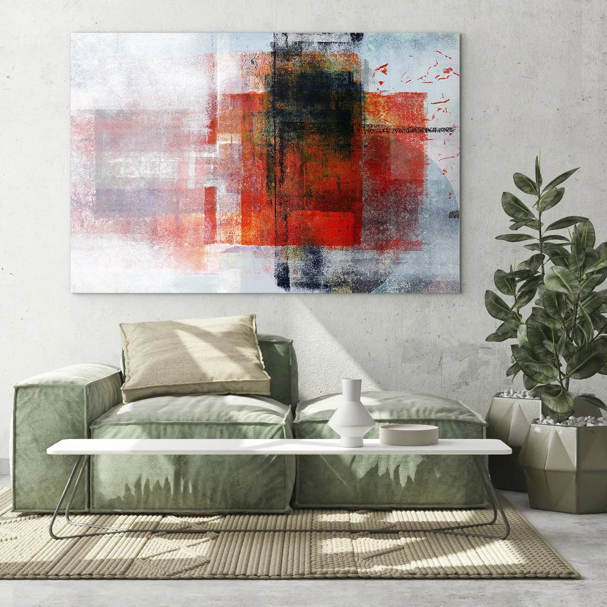 Obraz na skle - Geometrická abstrakcia v intenzívnych odtieňoch červenej a čiernej. - 70x50cm - Žiariaca kompozícia - Moderná nástenná dekorácia do obývacej izby a spálne ARTTOR