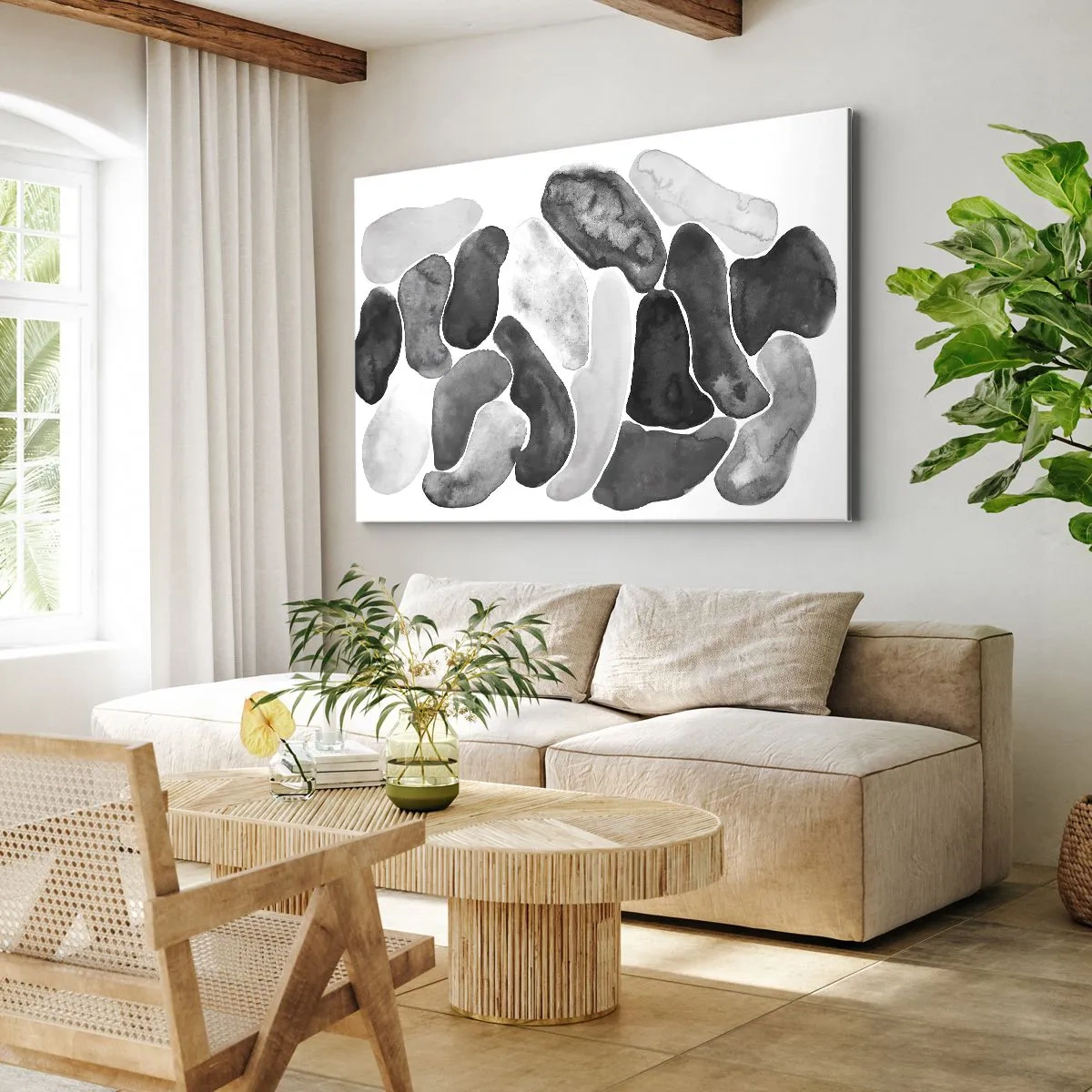 Obraz na plátne - Čiernobiela abstrakcia s nepravidelnými škvrnami na bielom pozadí - 70x50cm - Kamenistá abstrakcia - Moderná nástenná dekorácia do obývacej izby a spálne ARTTOR