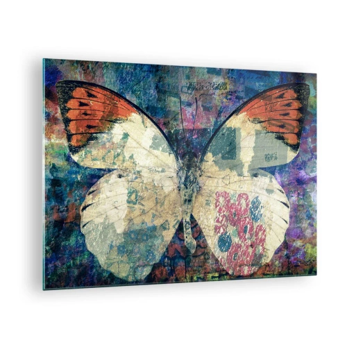 Obraz na skle - Farebný motýľ na abstraktnom pozadí v odtieňoch modrej a oranžovej. - 70x50cm - Jemná krehkosť - Moderná nástenná dekorácia do obývacej izby a spálne ARTTOR