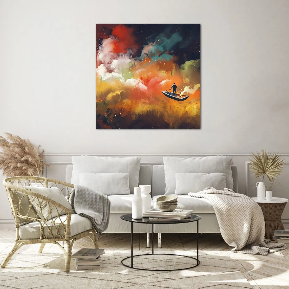 Obraz na skle - Loďou cez galaxiu - 70x70 cm