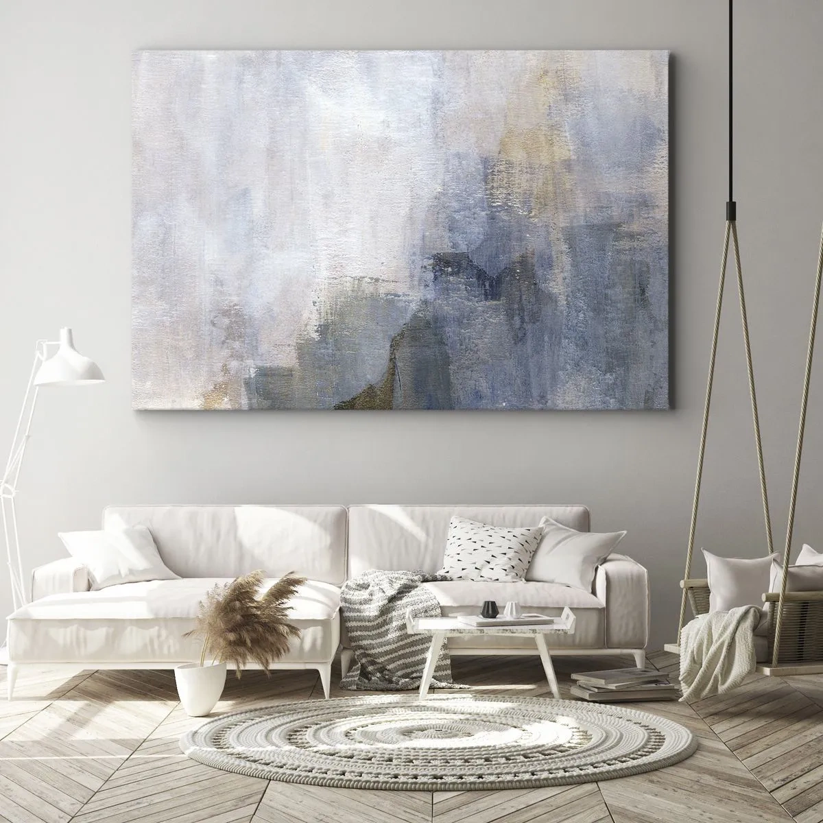 Obraz na plátne - Jemné abstraktné škvrny v odtieňoch modrej a béžovej - 70x50cm - Tóny a akordy farieb - Moderná nástenná dekorácia do obývacej izby a spálne ARTTOR