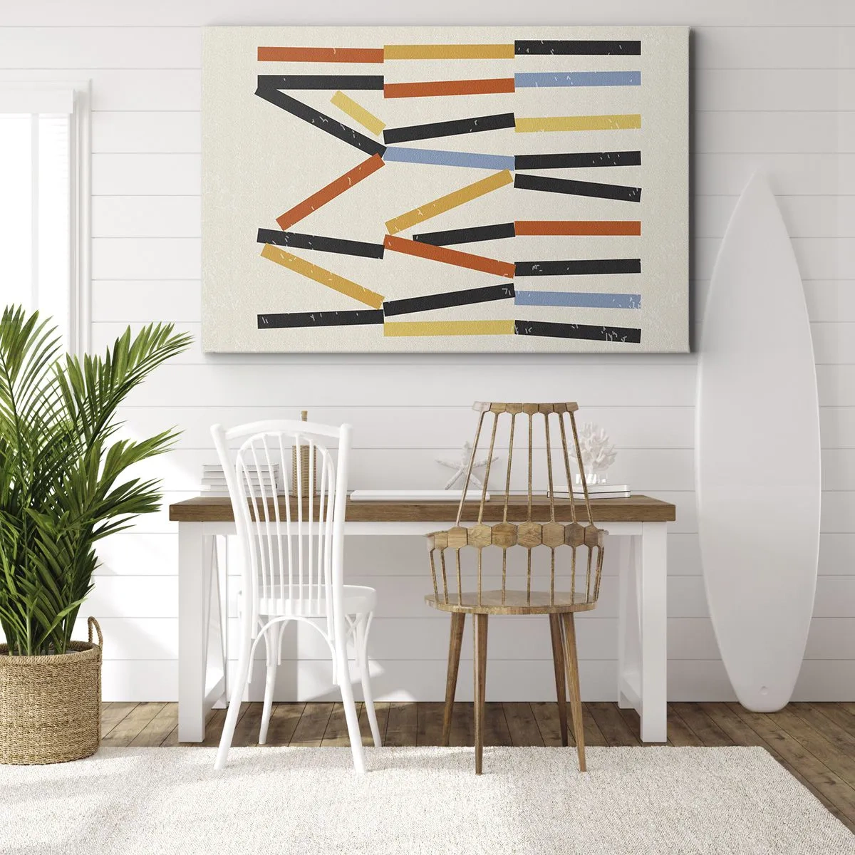 Obraz na plátne - Abstraktná kompozícia s farebnými a čiernymi obdĺžnikmi v horizontálnom usporiadaní - 70x50cm - Kompozícia na úrovni - Moderná nástenná dekorácia do obývacej izby a spálne ARTTOR
