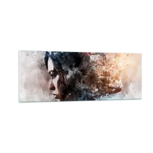 Obraz na skle - Príbeh o dievčati s mestom v pozadí - 140x50 cm