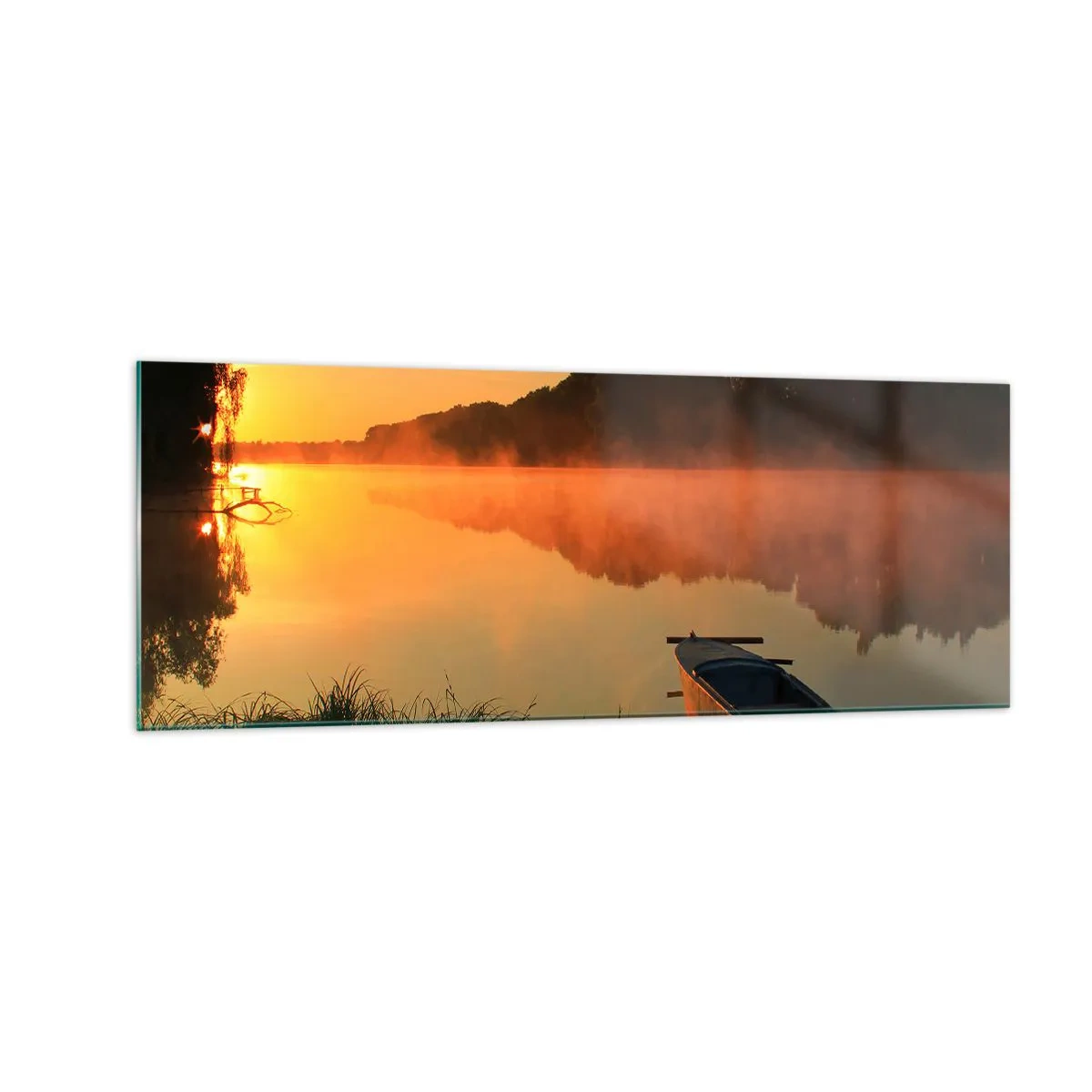 Obraz na skle - Východ slnka pri vode ako povrch zrkadla - 140x50 cm