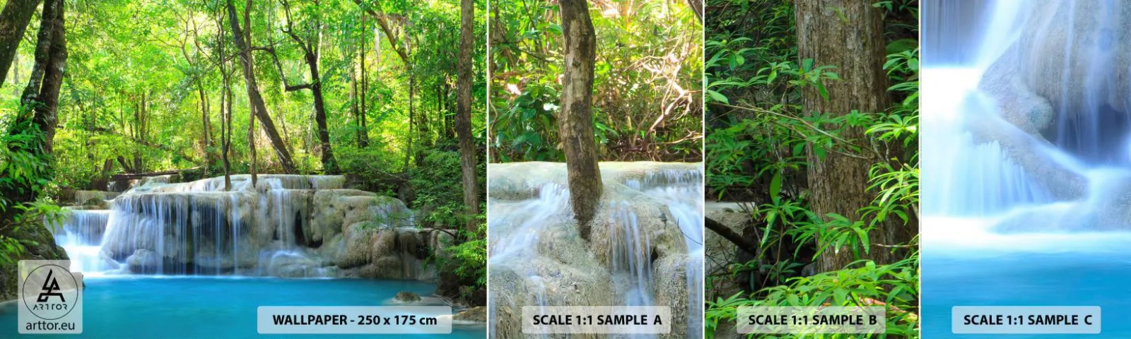 Vzorka samolepiacej fototapety Deluxe Sticker - Utopiť v tyrkyse a zeleni - Krajina, Vodopád, Cascade - 100x30 cm