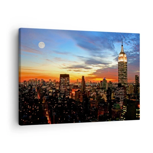 Obraz na plátne - Panoráma mesta s osvetlenými mrakodrapmi za súmraku - 70x50cm - Žiarivá americká noc - Moderná nástenná dekorácia do obývacej izby a spálne ARTTOR