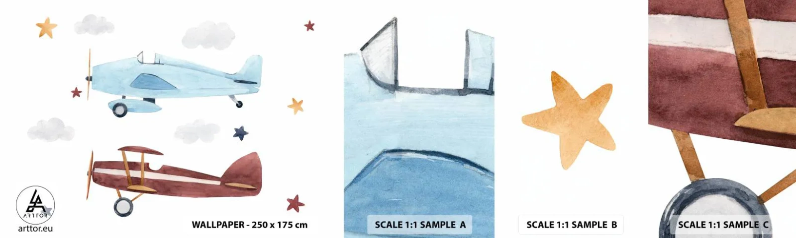 Vzorka samolepiacej fototapety Deluxe Sticker - Pán pilot, čakáme! - Lietadlá, Retro, Detský - 100x30 cm