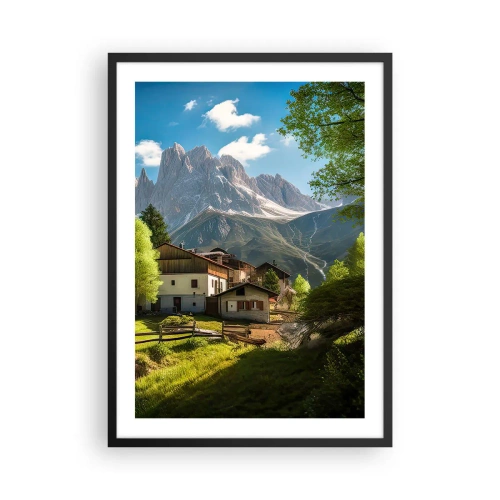 Plagát v čiernom ráme - Horská dedinka na úpätí majestátnych vrcholov - 50x70cm - Alpská idyla - Moderná nástenná dekorácia do obývacej izby a spálne ARTTOR