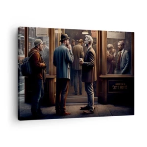 Obraz na plátne - Pouličná scéna s ľuďmi pred retro kaviarňou - 70x50cm - Dobrá chvíľa dňa - Moderná nástenná dekorácia do obývacej izby a spálne ARTTOR