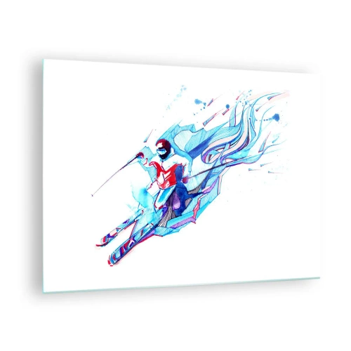 Obraz na skle - Dynamická postava lyžiara v abstraktných farbách - 70x50cm - Šialený beh za radosťou - Moderná nástenná dekorácia do obývacej izby a spálne ARTTOR