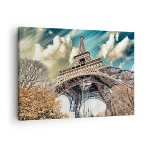 Obraz na plátne - Eiffelova veža zdola v jesennom prostredí - 70x50cm - A na jeseň v Paríži… - Moderná nástenná dekorácia do obývacej izby a spálne ARTTOR