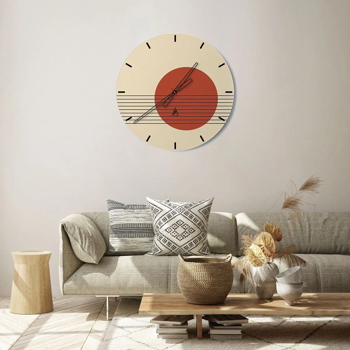 Nástenné hodiny - Geometrický motív s oranžovým kruhom a čiernymi čiarami - 30x30cm - Stále dookola - Moderná nástenná dekorácia do obývacej izby, kuchyne a spálne ARTTOR