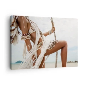 Obraz na plátne - Ženská postava v etnických ornamentoch a oblečení na pozadí tropickej krajiny. - 70x50cm - Kňažka slnka - Moderná nástenná dekorácia do obývacej izby a spálne ARTTOR