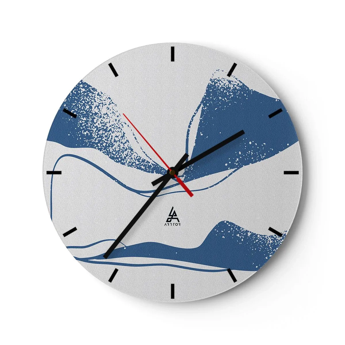 Nástenné hodiny - Grafická abstrakcia s modrými krídlami na bielom pozadí - 30x30cm - Okrídlená abstrakcia - Moderná nástenná dekorácia do obývacej izby, kuchyne a spálne ARTTOR