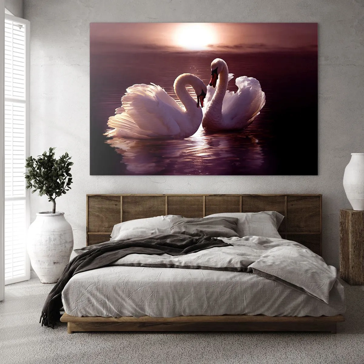 Obraz na skle - Dve labute na vode vo svetle zapadajúceho slnka - 70x50cm - Kým nás smrť nerozdelí - Moderná nástenná dekorácia do obývacej izby a spálne ARTTOR