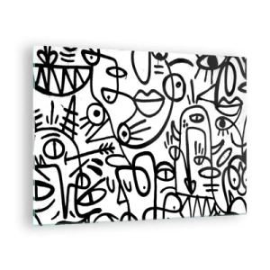 Obraz na skle - Čiernobiela abstrakcia s očami, tvárami a čiarami - 70x50cm - Tváre a preludy - Moderná nástenná dekorácia do obývacej izby a spálne ARTTOR