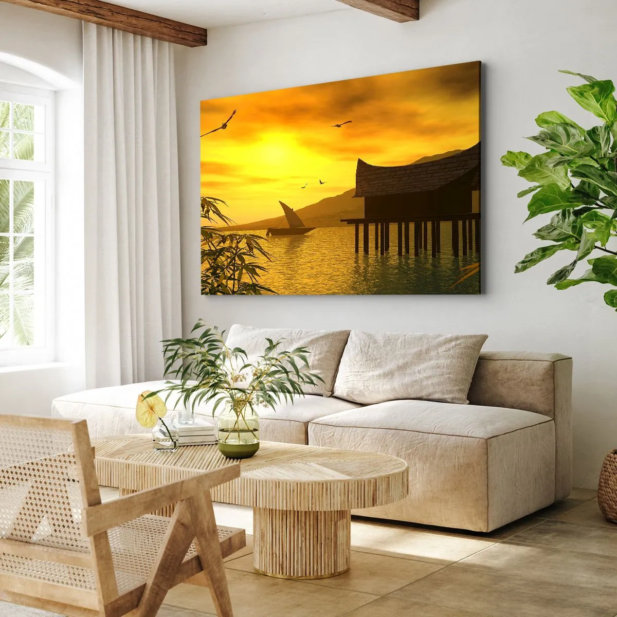 Obraz na plátne - Tropický západ slnka nad vodou s dreveným domom na koloch. - 70x50cm - Vytúžený pokoj - Moderná nástenná dekorácia do obývacej izby a spálne ARTTOR