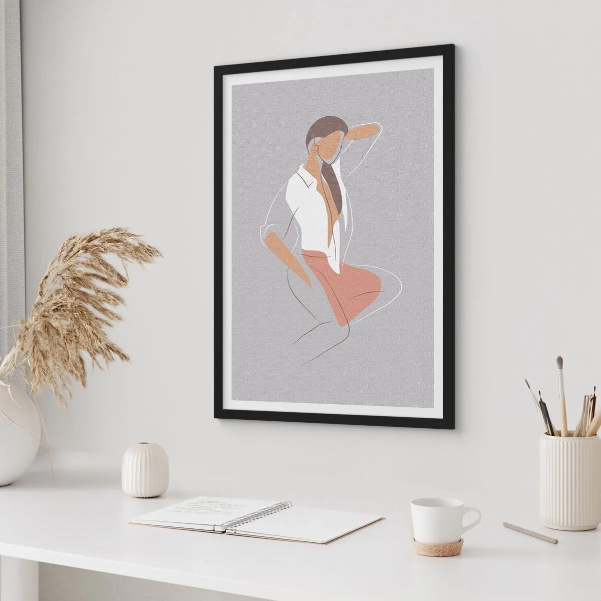 Plagát v čiernom ráme - Minimalistická silueta ženy na sivom pozadí - 50x70cm - Obrys pôvabu - Moderná nástenná dekorácia do obývacej izby a spálne ARTTOR